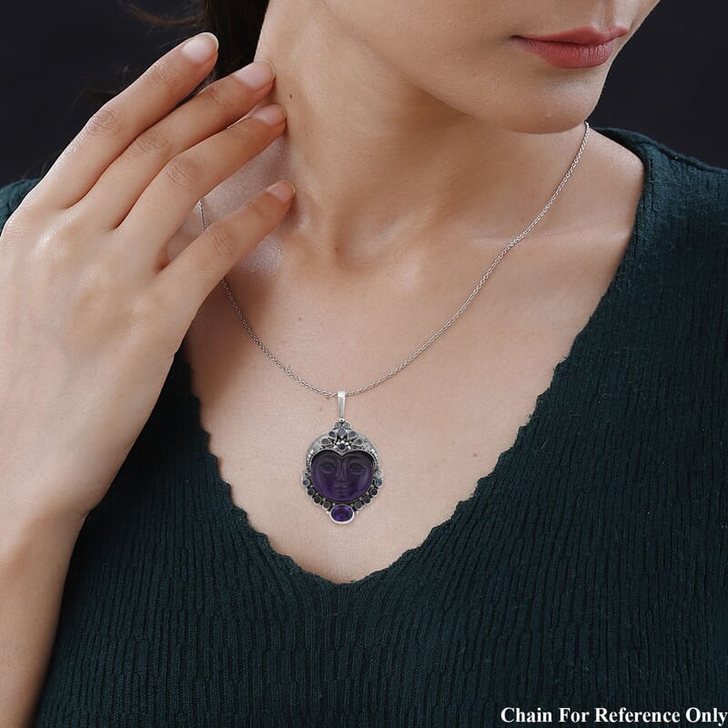 Sajen Silver African Amethyst Carved and Multi Gemstone Pendant in Sterling Silver 76.30 ctw