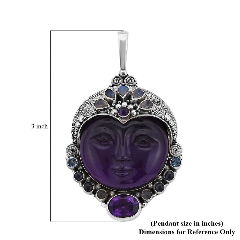 Sajen Silver African Amethyst Carved and Multi Gemstone Pendant in Sterling Silver 76.30 ctw
