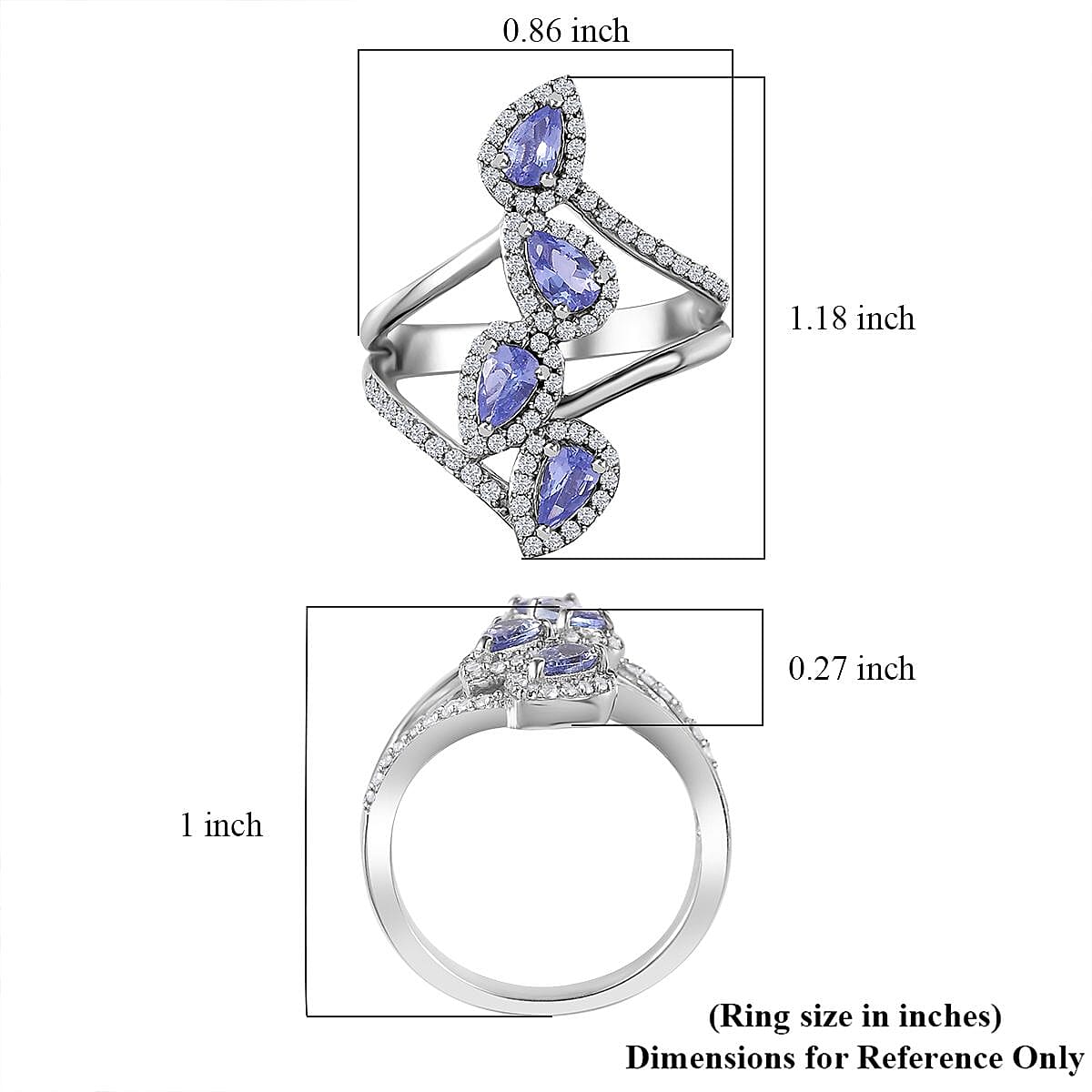 Tanzanite and White Zircon Ring in Platinum Over Sterling Silver (Size 6.0) 1.40 ctw