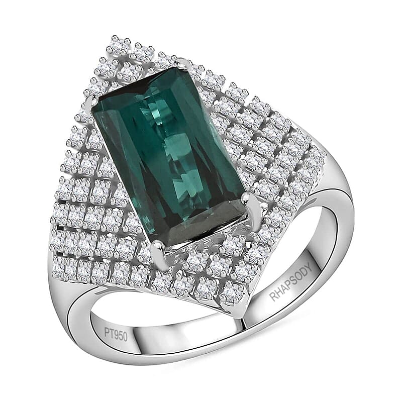 Certified & Appraised Rhapsody AAAA Monte Belo Indicolite and E-F VS Diamond 4.35 ctw Ring in 950 Platinum (Size 10.0) 10.65 Grams