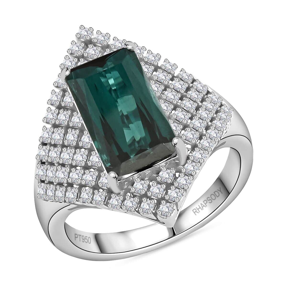 Certified & Appraised Rhapsody AAAA Monte Belo Indicolite and E-F VS Diamond 4.35 ctw Ring in 950 Platinum (Size 9.5) 10.65 Grams image number 0