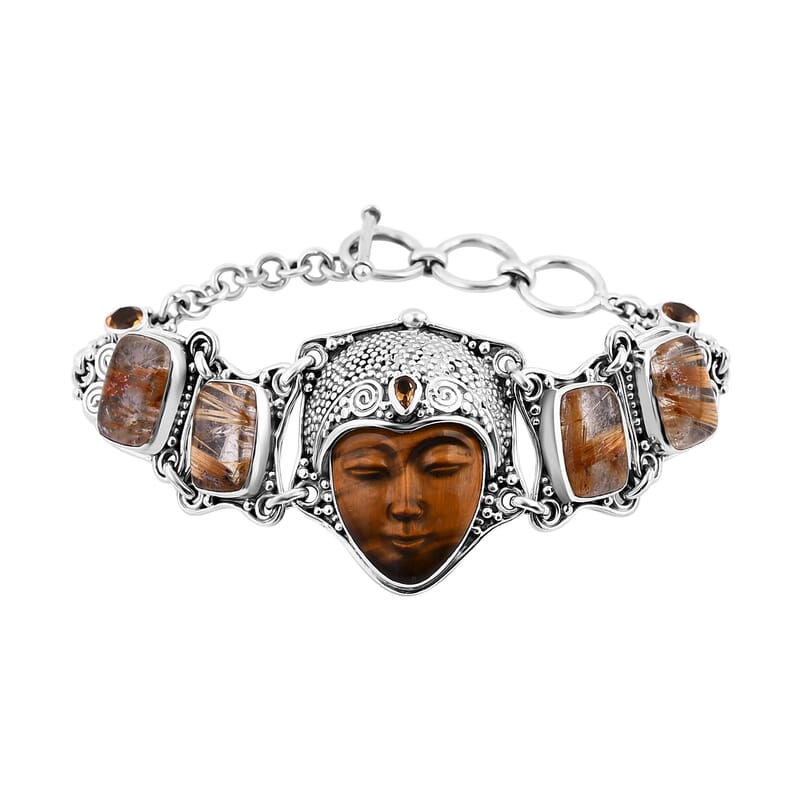 Sajen Silver Tigers Eye Carved and Multi Gemstone Toggle Clasp Bracelet in Sterling Silver (6.50-8.0In) 44.25 ctw