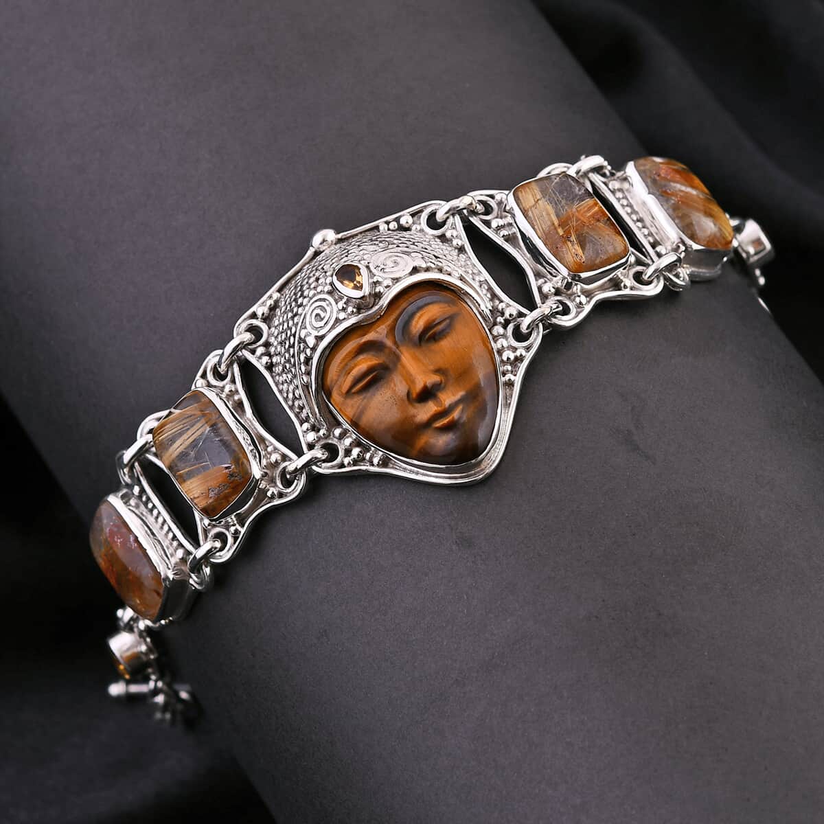 Sajen Silver Tigers Eye Carved and Multi Gemstone Toggle Clasp Bracelet in Sterling Silver (6.50-8.0In) 44.25 ctw image number 1