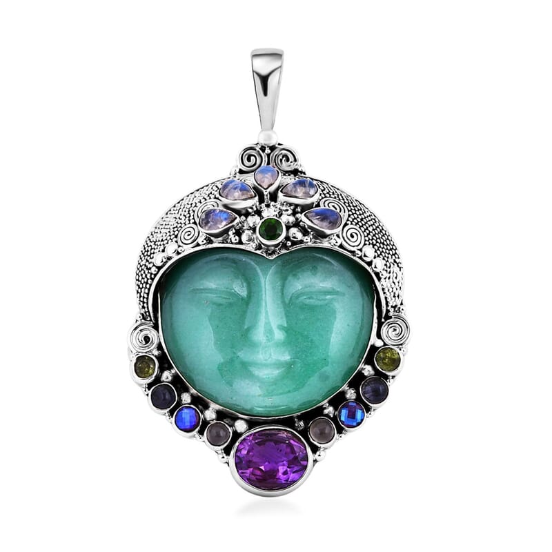 Sajen Silver Aventurine Carved and Multi Gemstone Pendant in Sterling Silver 84.25 ctw