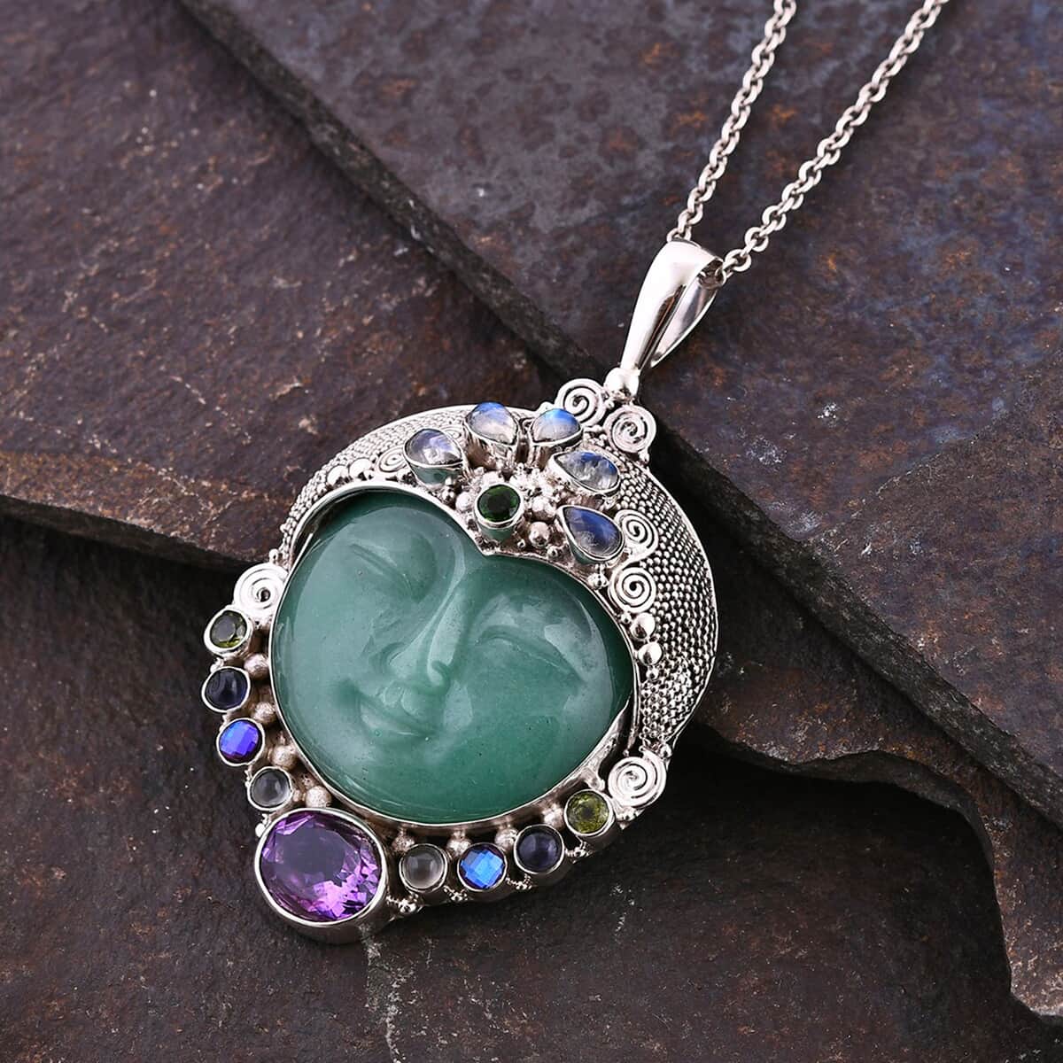 Sajen Silver Aventurine Carved and Multi Gemstone Pendant in Sterling Silver 84.25 ctw image number 1