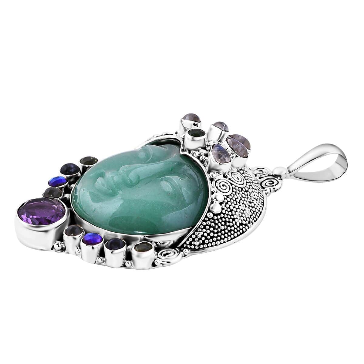 Sajen Silver Aventurine Carved and Multi Gemstone Pendant in Sterling Silver 84.25 ctw image number 3