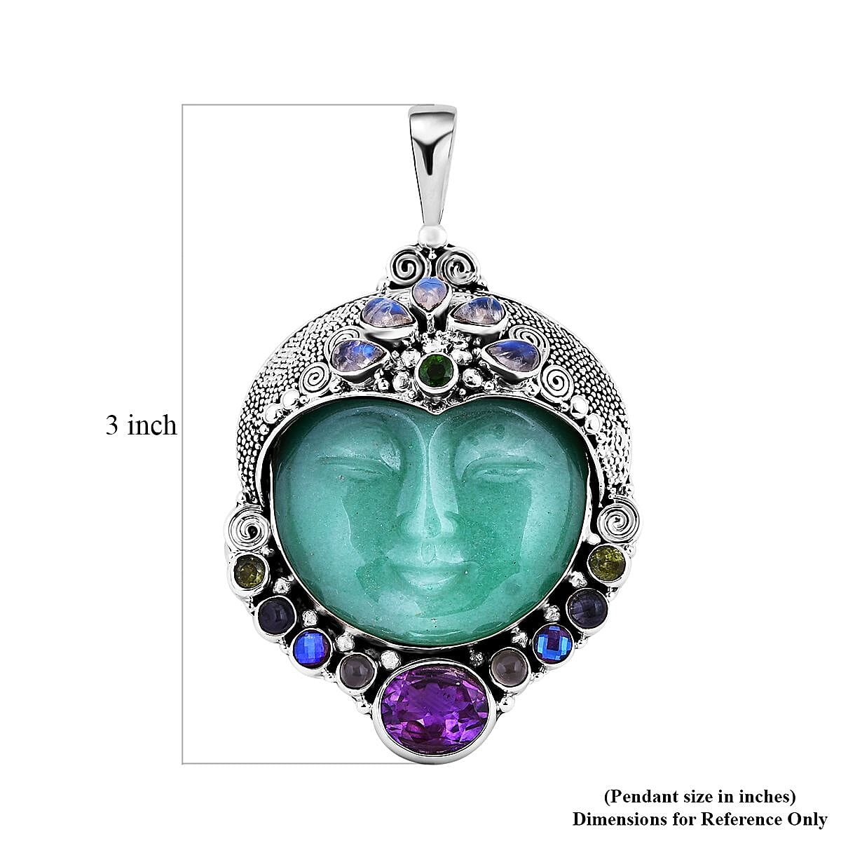Sajen Silver Aventurine Carved and Multi Gemstone Pendant in Sterling Silver 84.25 ctw