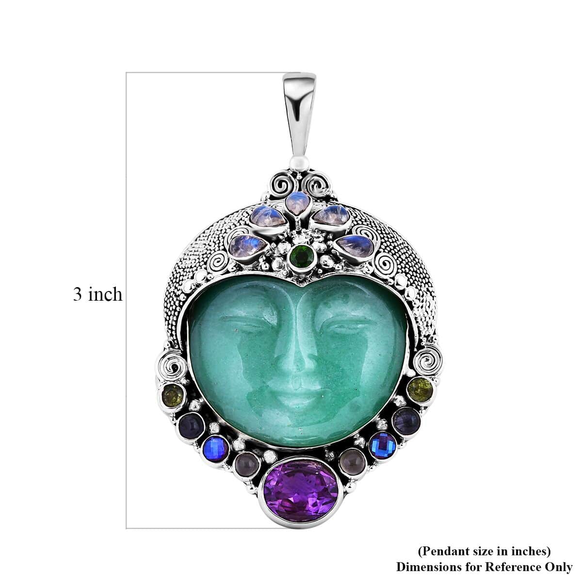 Sajen Silver Aventurine Carved and Multi Gemstone Pendant in Sterling Silver 84.25 ctw image number 5