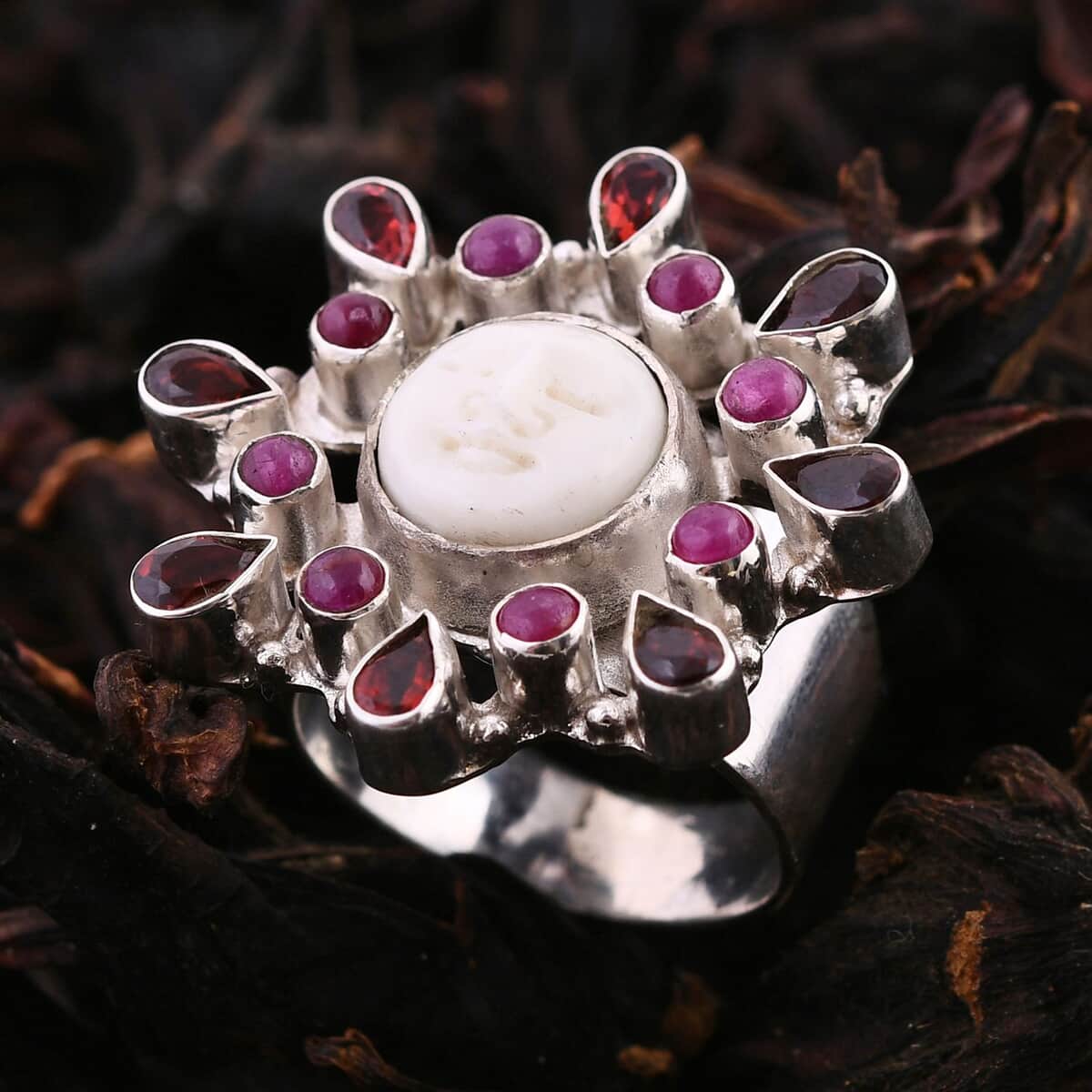Sajen Silver Carved Bone and Multi Gemstone Ring in Sterling Silver (Size 10.0) 3.75 ctw image number 1