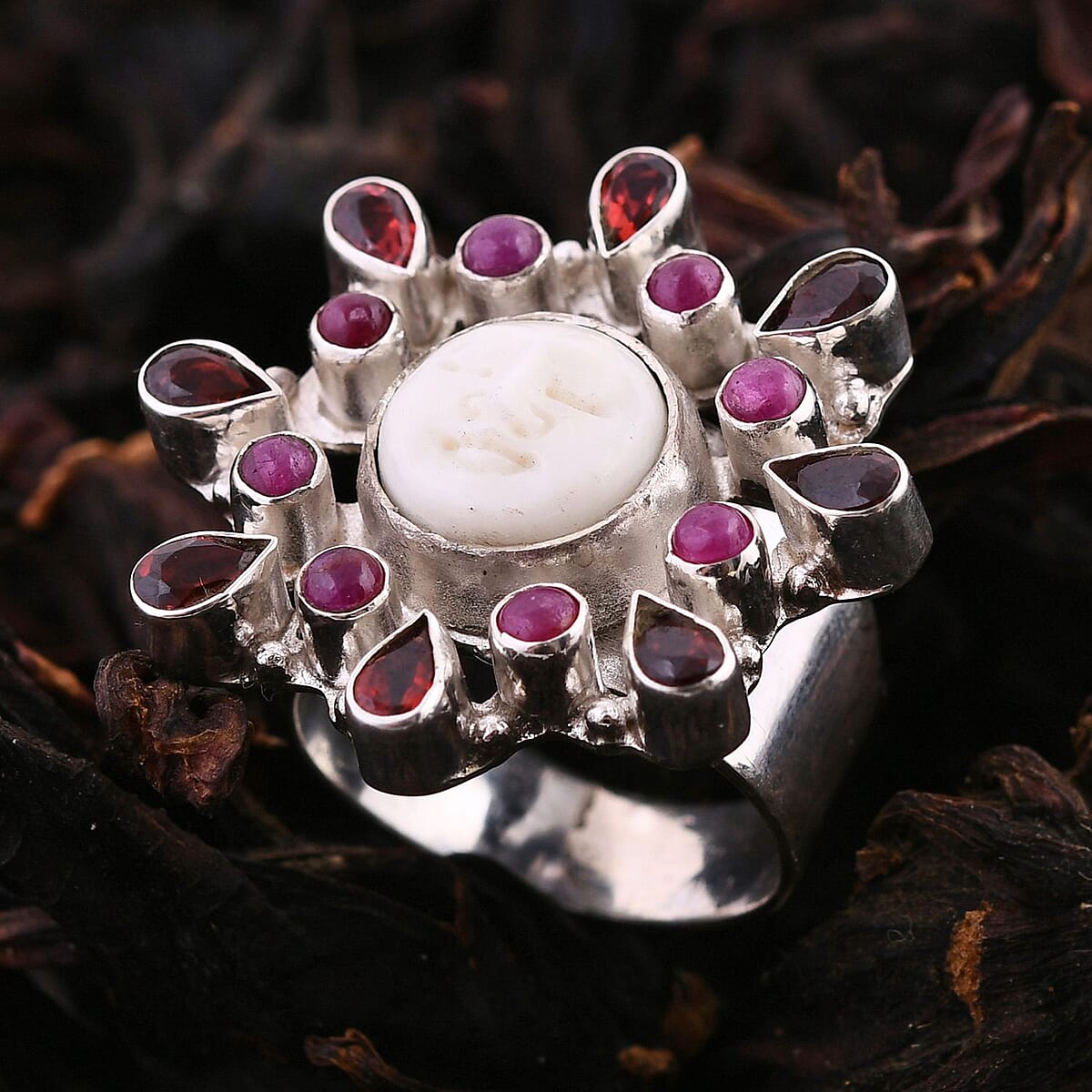 Sajen Silver Carved Bone and Multi Gemstone Ring in Sterling Silver (Size 8.0) 3.75 ctw image number 1