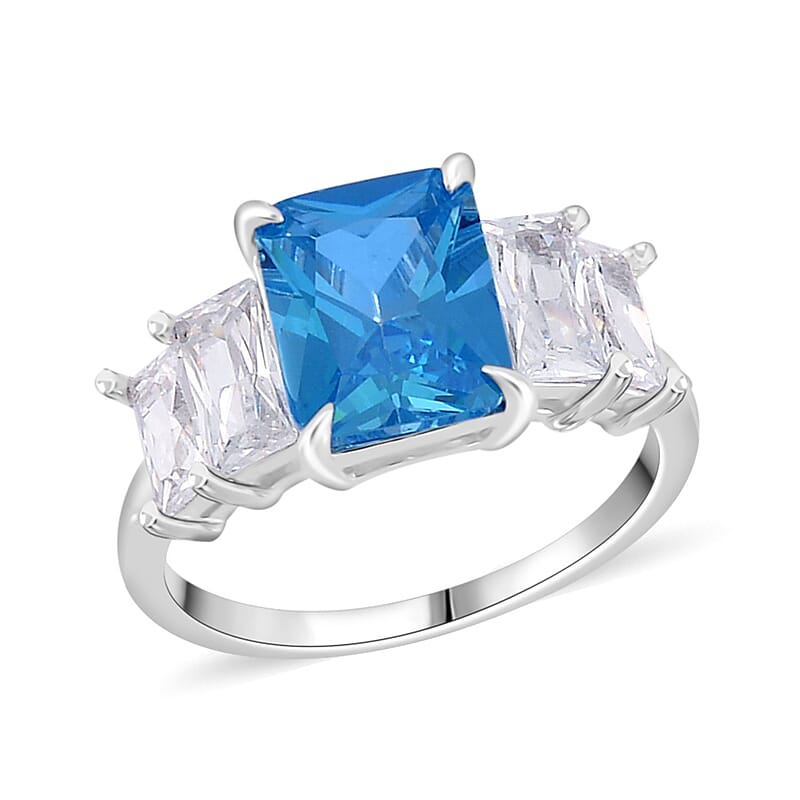 Simulated Blue and White Diamond Ring in Rhodium Over Sterling Silver (Size 10.0) 4.80 ctw