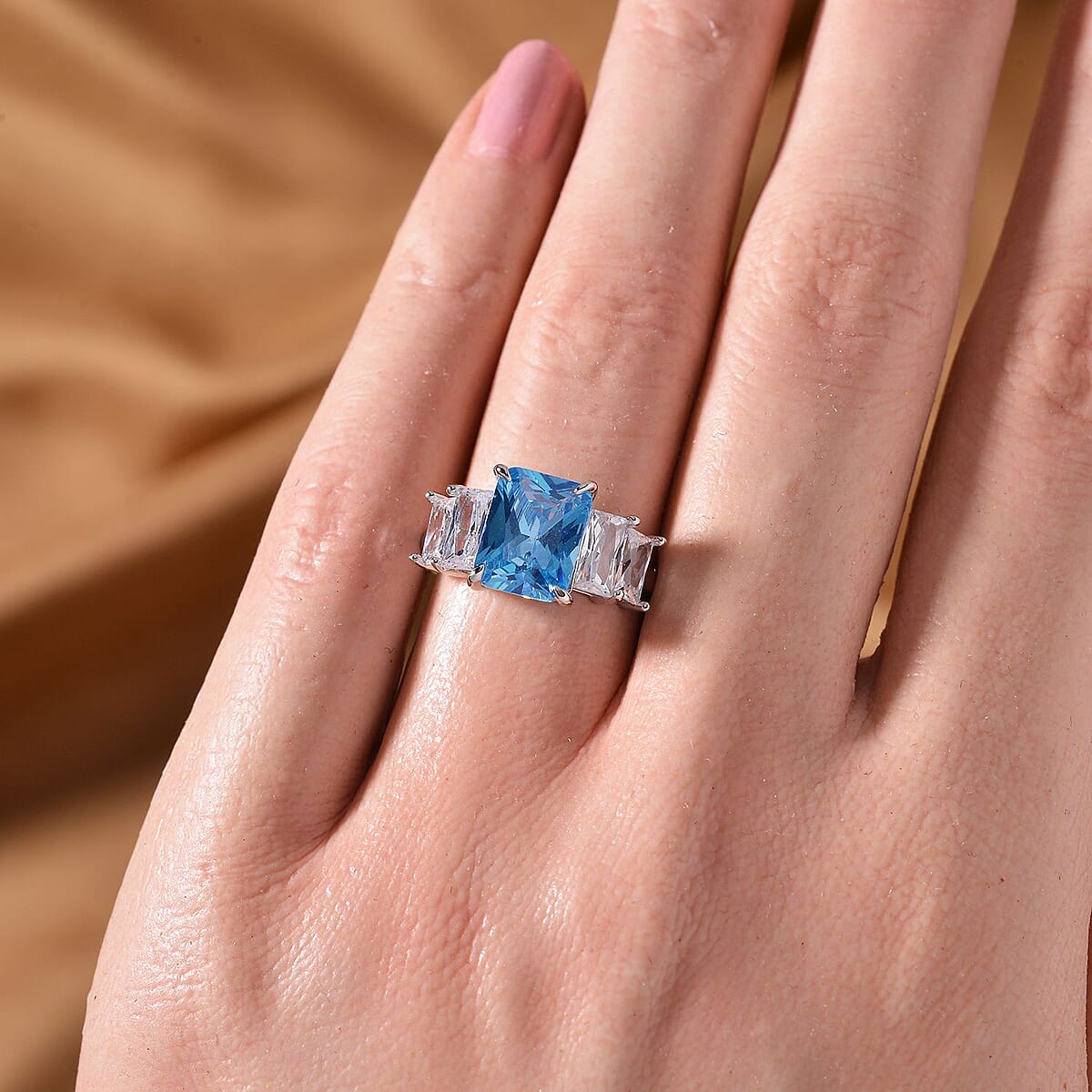 Simulated Blue and White Diamond Ring in Rhodium Over Sterling Silver (Size 10.0) 4.80 ctw image number 2