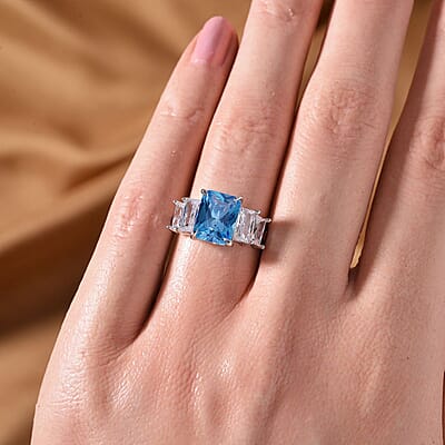 Simulated Blue and White Diamond Ring in Rhodium Over Sterling Silver (Size 10.0) 4.80 ctw