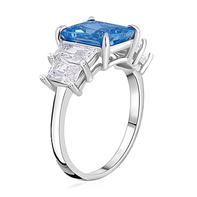 Simulated Blue and White Diamond Ring in Rhodium Over Sterling Silver (Size 10.0) 4.80 ctw
