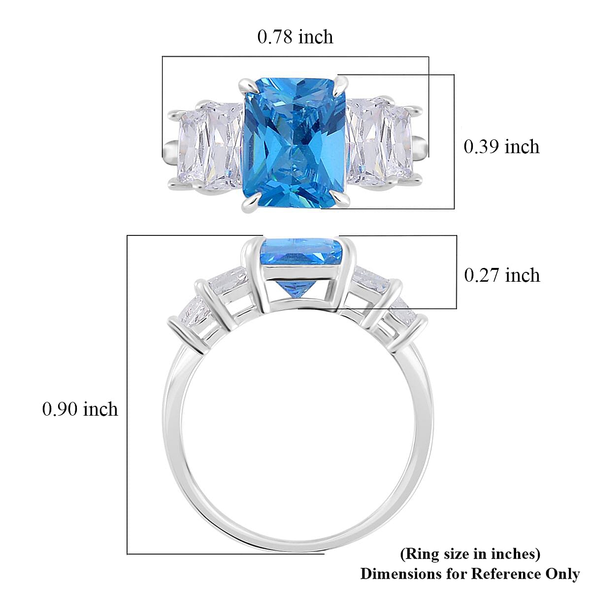 Simulated Blue and White Diamond Ring in Rhodium Over Sterling Silver (Size 6.0) 4.80 ctw image number 5