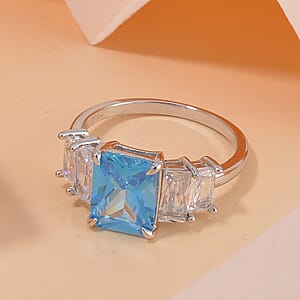 Simulated Blue and White Diamond Ring in Rhodium Over Sterling Silver (Size 9.0) 4.80 ctw