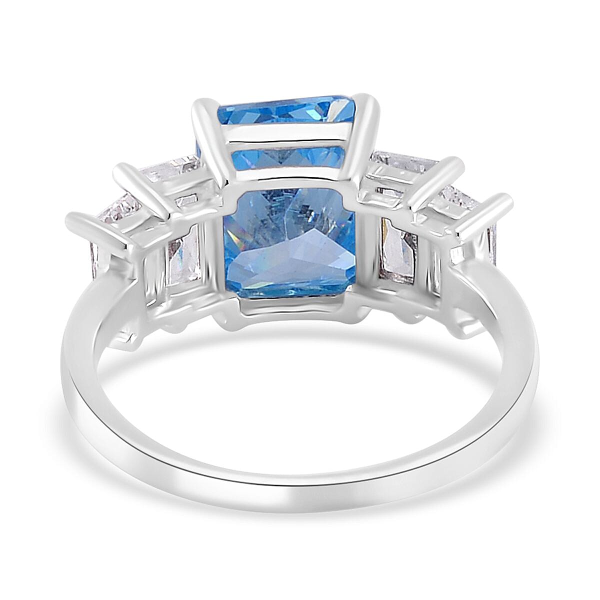 Simulated Blue and White Diamond Ring in Rhodium Over Sterling Silver (Size 9.0) 4.80 ctw image number 4