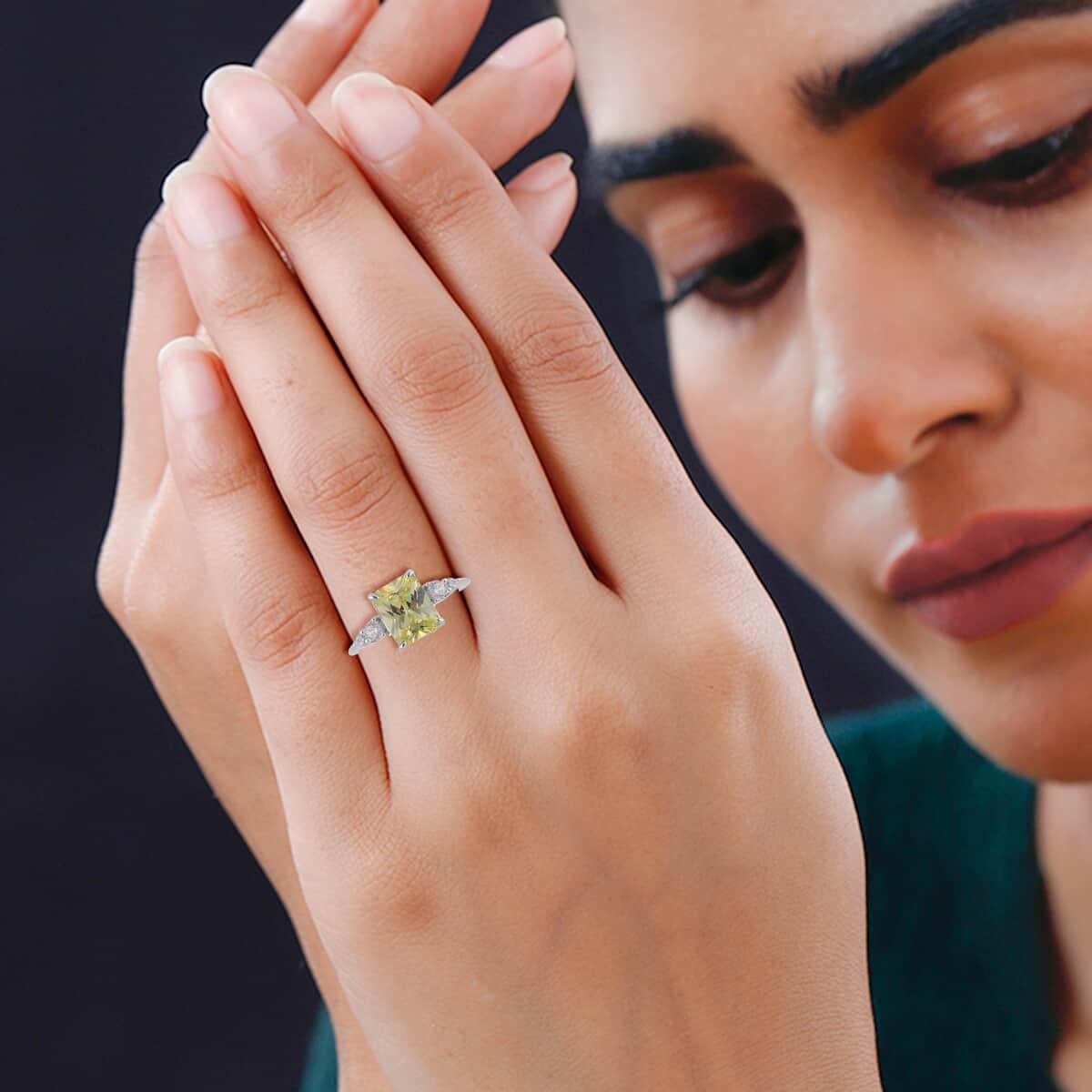 Simulated Peridot and White Diamond Ring in Rhodium Over Sterling Silver (Size 10.0) 3.80 ctw image number 2