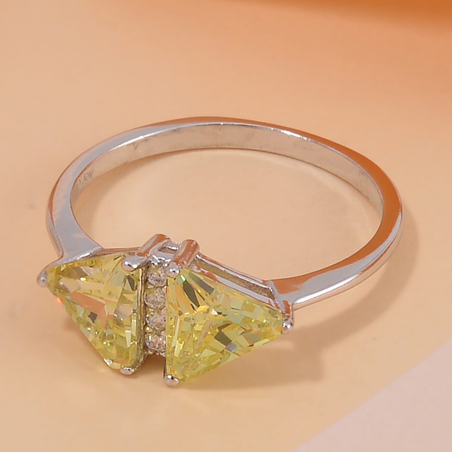 Simulated Peridot and White Diamond Ring in Rhodium Over Sterling Silver (Size 10.0) 0.80 ctw