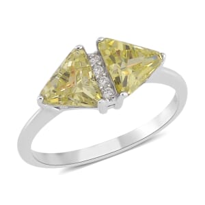 Simulated Peridot and White Diamond Ring in Rhodium Over Sterling Silver (Size 9.0) 0.80 ctw