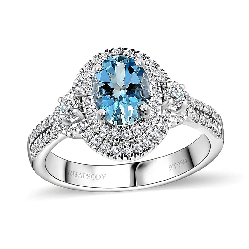 Rhapsody 950 Platinum AAAA Santa Maria Aquamarine and E-F VS2 Diamond Ring (Size 10.0) 8.15 Grams 1.50 ctw
