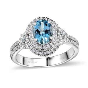 Rhapsody 950 Platinum AAAA Santa Maria Aquamarine and E-F VS2 Diamond Ring (Size 6.5) 8.15 Grams 1.50 ctw