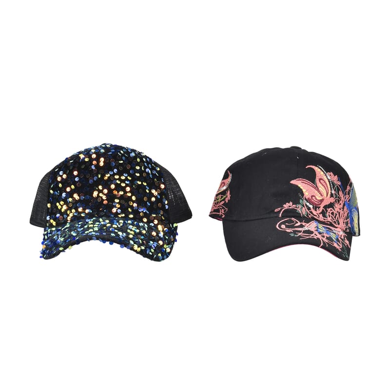 Set of 2, Black Cotton Embroidered and Polyester Sequin Cap