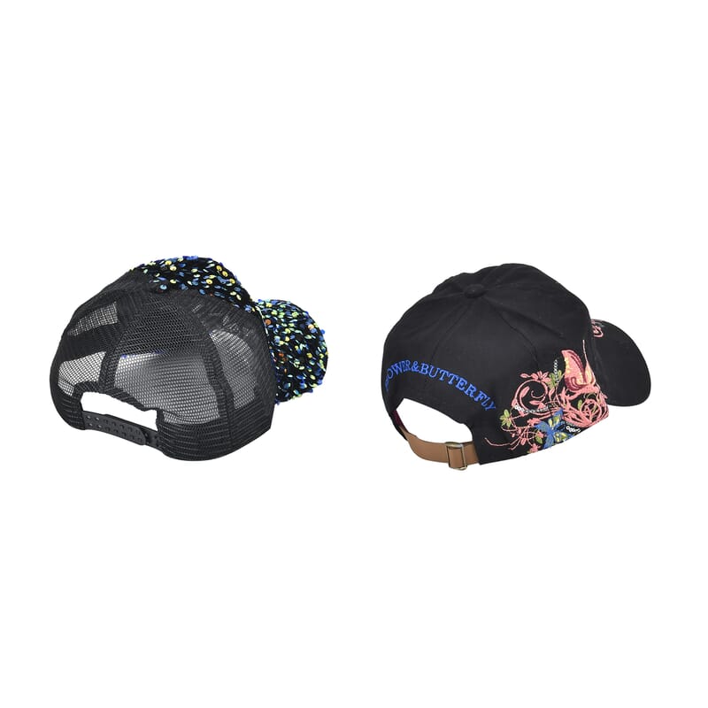Set of 2, Black Cotton Embroidered and Polyester Sequin Cap