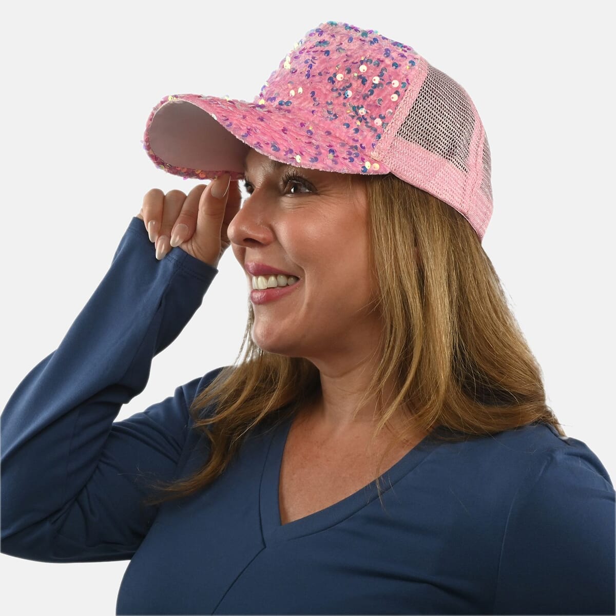 Set of 2, Pink Cotton Embroidered and Polyester Sequin Cap image number 3