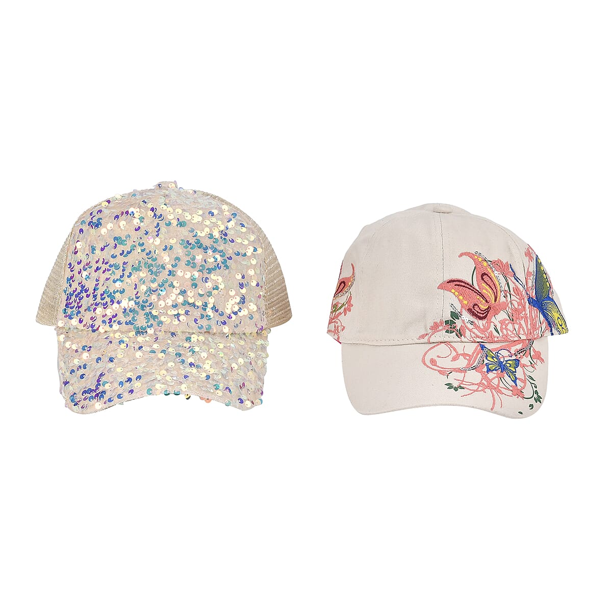 Beige 2pcs Set Cotton Embroidered and Polyester Sequin Cap image number 0