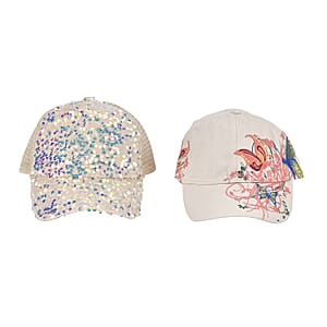 Beige 2pcs Set Cotton Embroidered and Polyester Sequin Cap