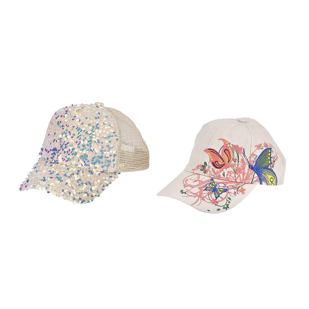 Beige 2pcs Set Cotton Embroidered and Polyester Sequin Cap image number 1