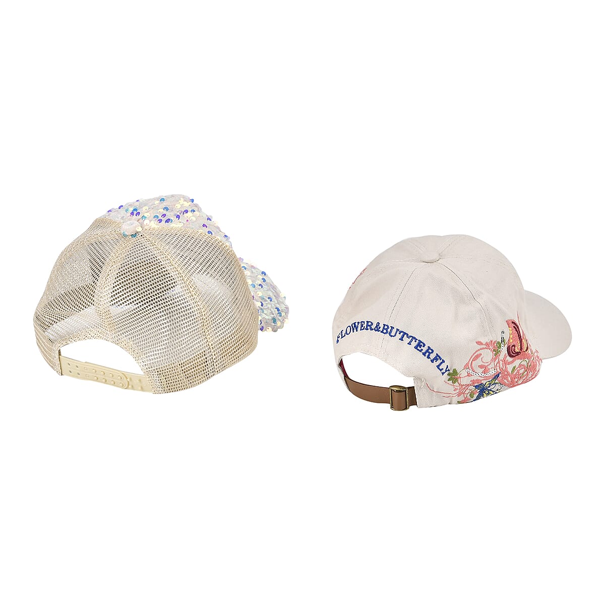 Beige 2pcs Set Cotton Embroidered and Polyester Sequin Cap image number 2