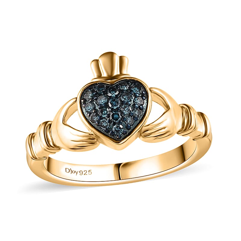 Venice Blue Diamond 12-I3 Claddagh Ring in Vermeil Yellow Gold Over Sterling Silver (Size 10.0) 0.15 ctw