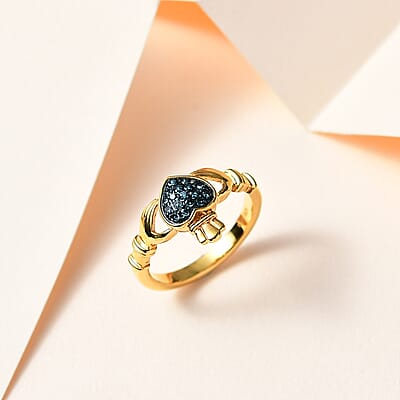 Venice Blue Diamond 12-I3 Claddagh Ring in Vermeil Yellow Gold Over Sterling Silver (Size 10.0) 0.15 ctw