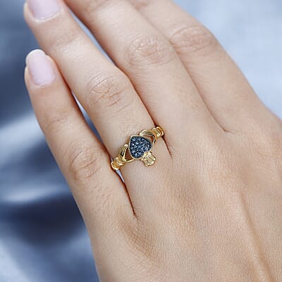 Venice Blue Diamond 12-I3 Claddagh Ring in Vermeil Yellow Gold Over Sterling Silver (Size 10.0) 0.15 ctw