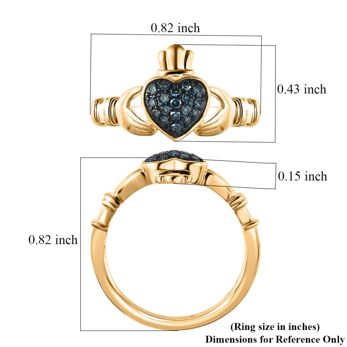 Venice Blue Diamond 12-I3 Claddagh Ring in Vermeil Yellow Gold Over Sterling Silver (Size 10.0) 0.15 ctw image number 5