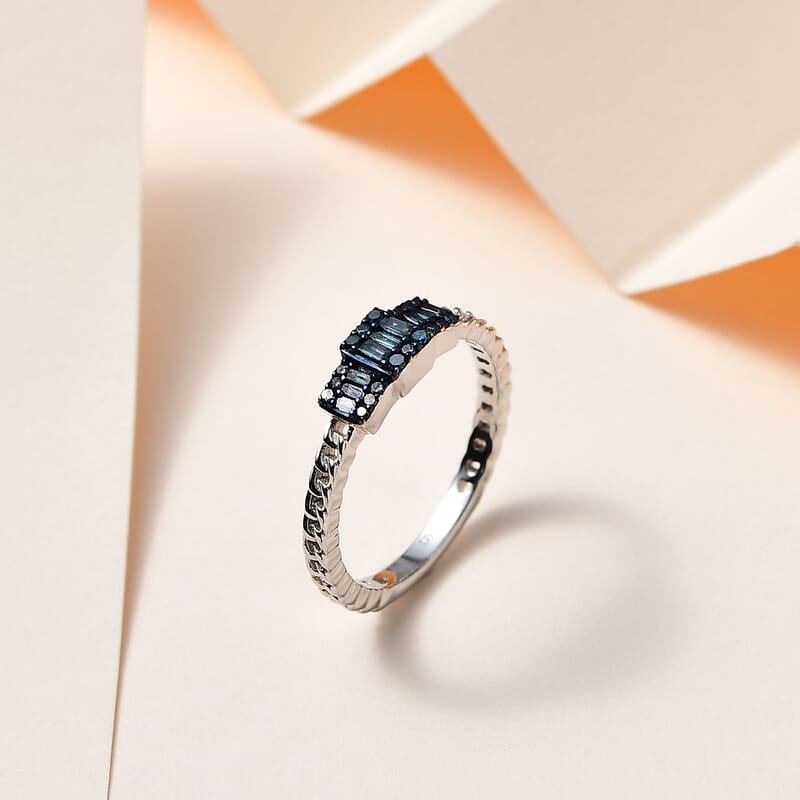Venice Blue Diamond 12-I3 Ring in Platinum Over Sterling Silver (Size 10.0) 0.25 ctw