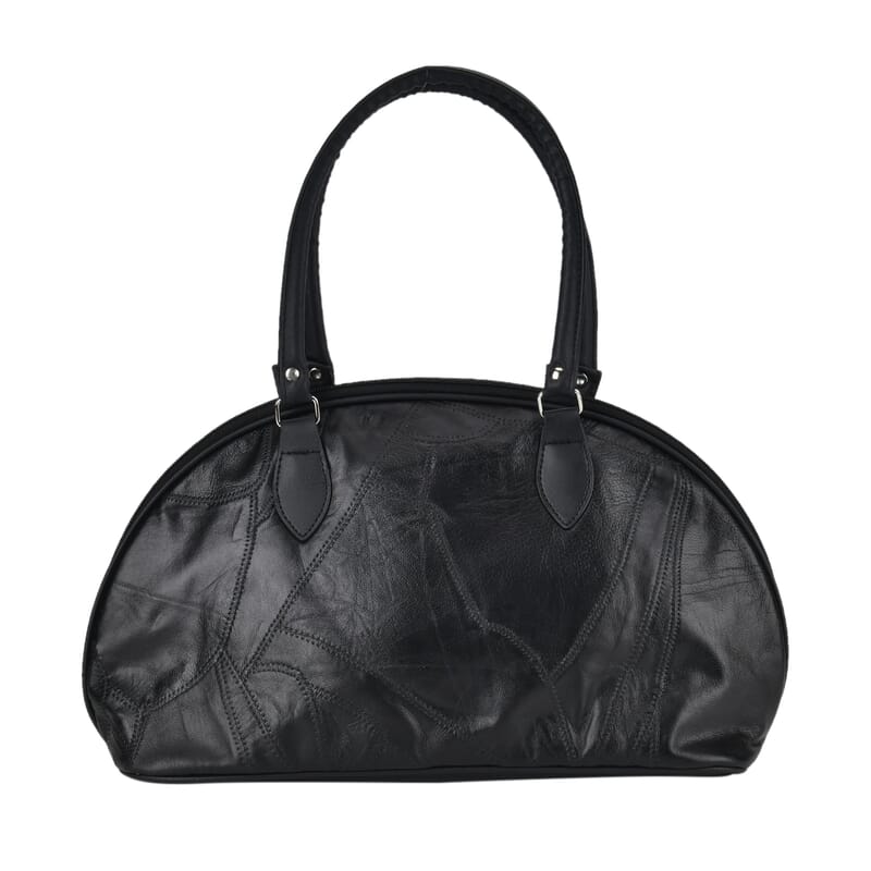 Black Patchwork Sheep Leather Half-Moon Shoulder Bag