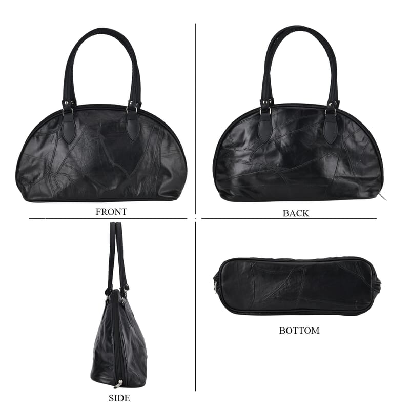 Black Patchwork Sheep Leather Half-Moon Shoulder Bag