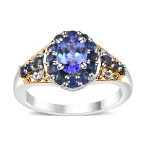 Tanzanite and Kanchanaburi Blue Sapphire Halo Ring in Vermeil YG and Platinum Over Sterling Silver (Size 10.0) 1.40 ctw