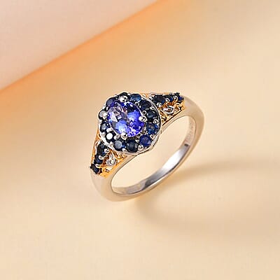 Tanzanite and Kanchanaburi Blue Sapphire Halo Ring in Vermeil YG and Platinum Over Sterling Silver (Size 10.0) 1.40 ctw