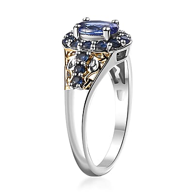 Tanzanite and Kanchanaburi Blue Sapphire Halo Ring in Vermeil YG and Platinum Over Sterling Silver (Size 10.0) 1.40 ctw