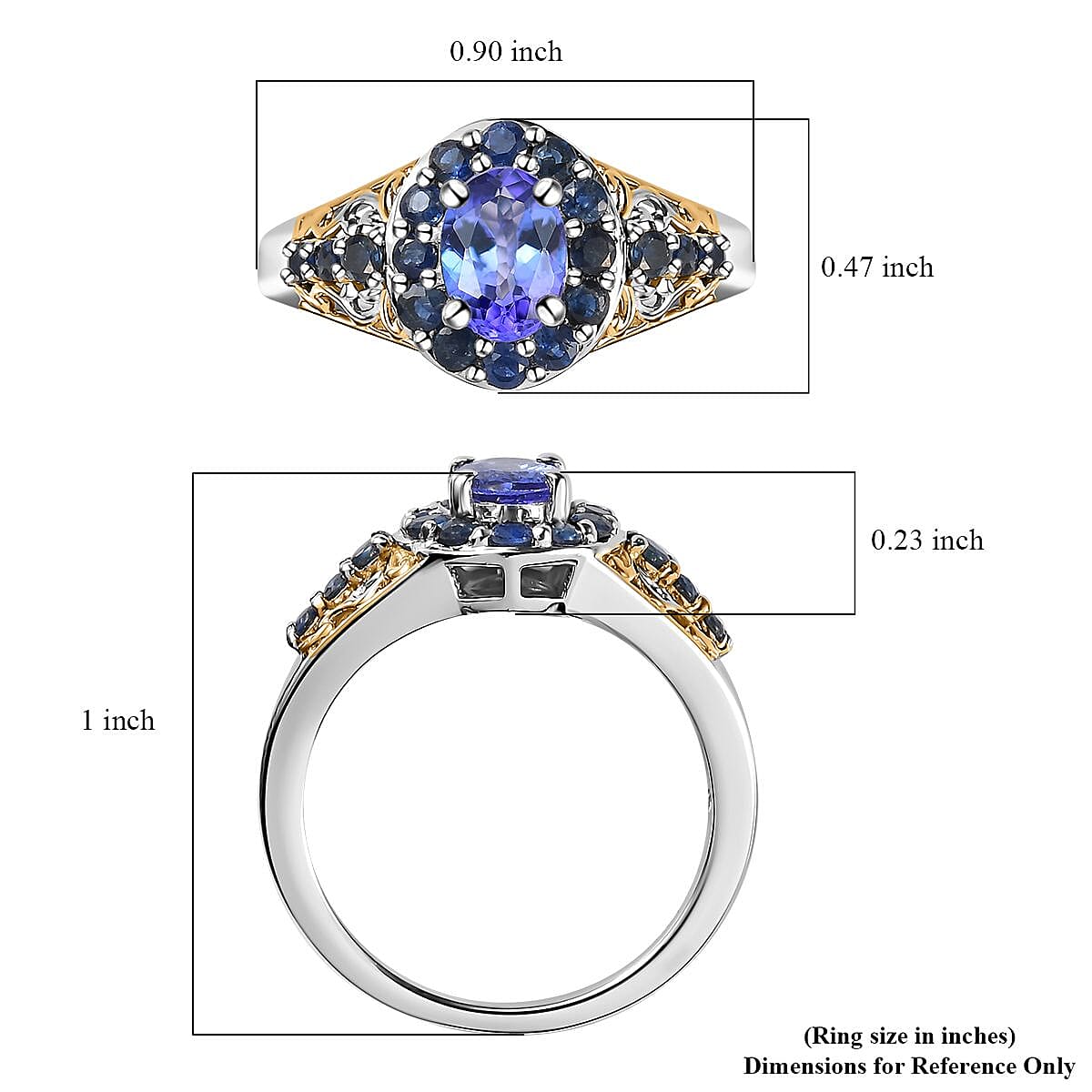 Tanzanite and Kanchanaburi Blue Sapphire Halo Ring in Vermeil YG and Platinum Over Sterling Silver (Size 10.0) 1.40 ctw