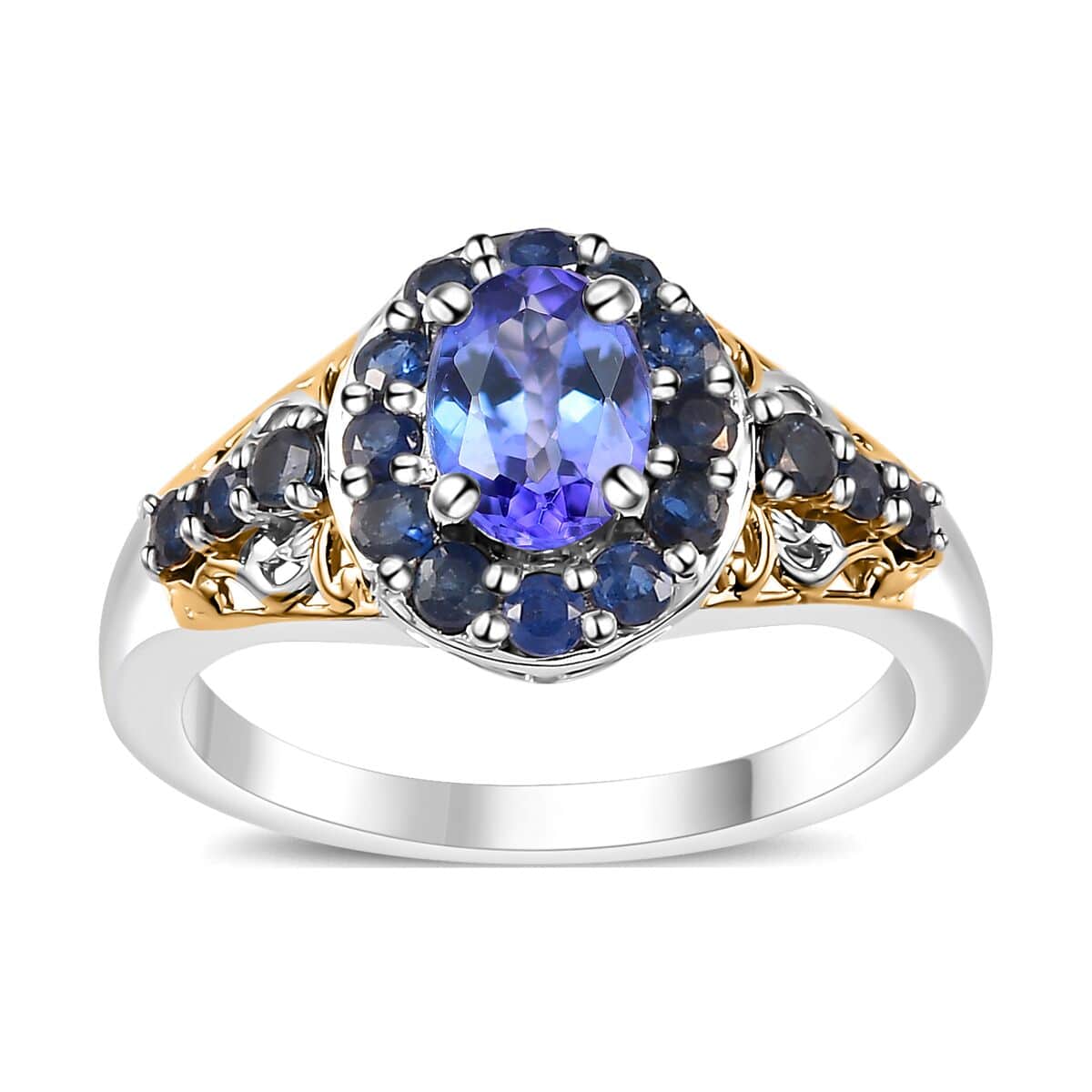 Tanzanite and Kanchanaburi Blue Sapphire Halo Ring in Vermeil YG and Platinum Over Sterling Silver (Size 7.0) 1.40 ctw image number 0