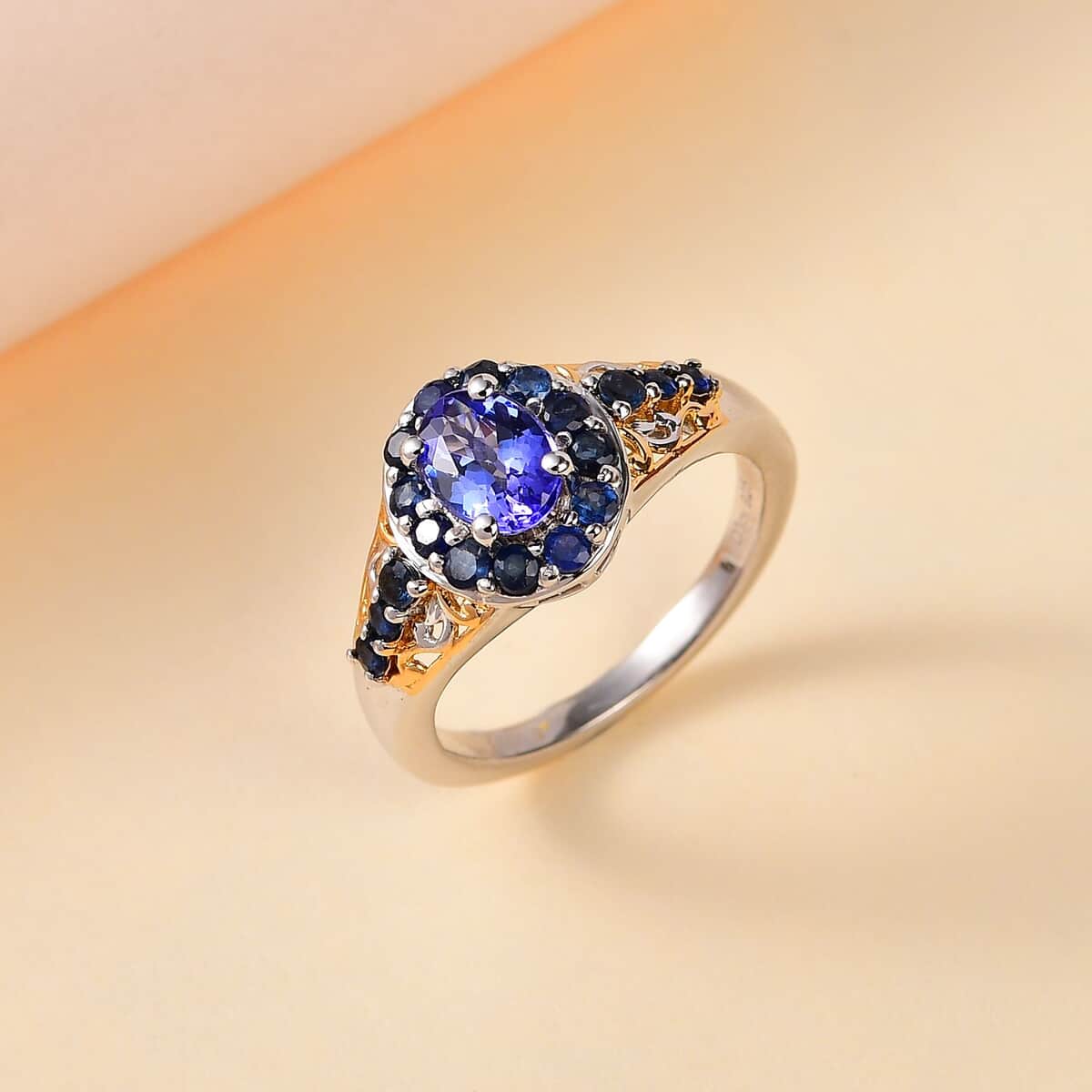 Tanzanite and Kanchanaburi Blue Sapphire Halo Ring in Vermeil YG and Platinum Over Sterling Silver (Size 7.0) 1.40 ctw image number 1