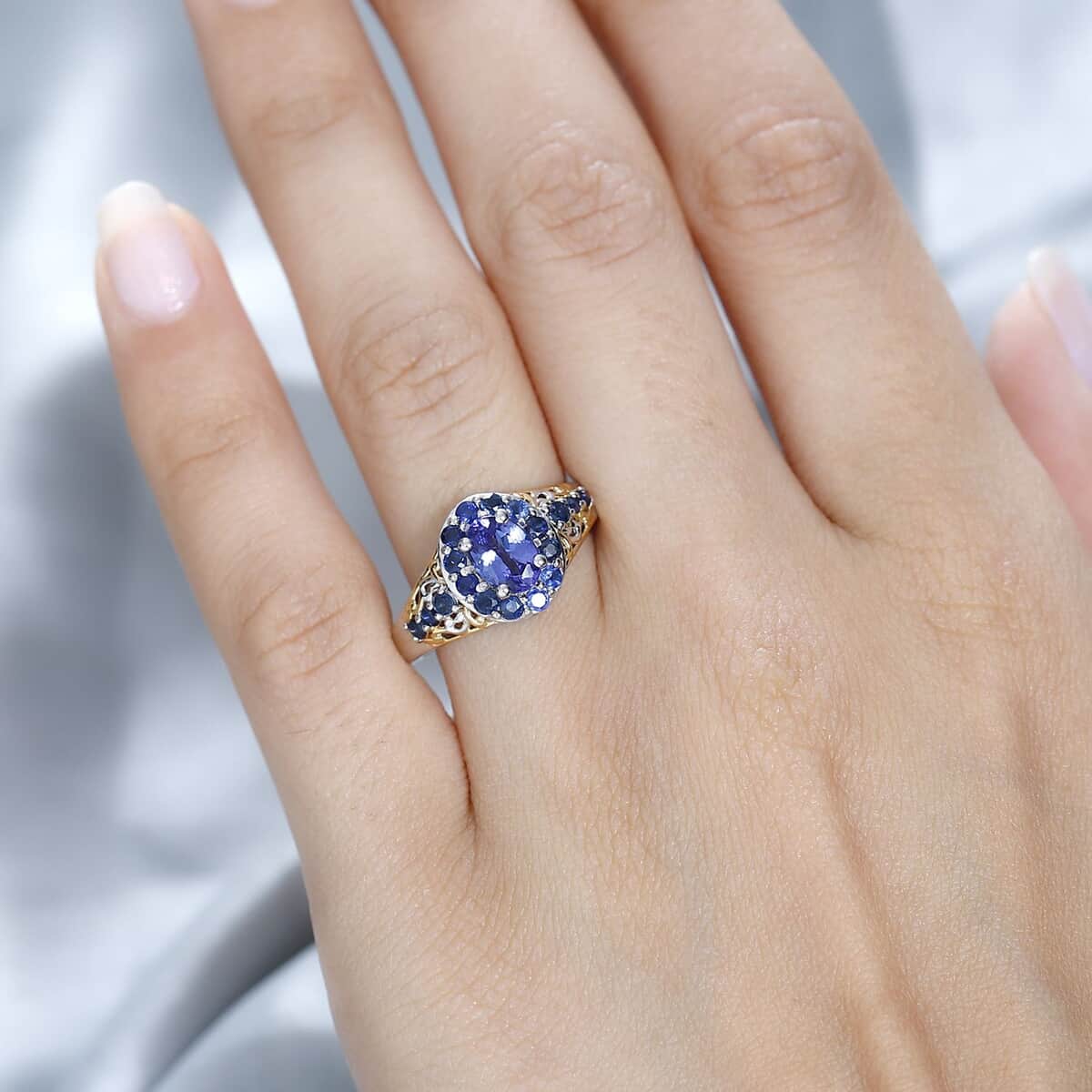 Tanzanite and Kanchanaburi Blue Sapphire Halo Ring in Vermeil YG and Platinum Over Sterling Silver (Size 7.0) 1.40 ctw image number 2