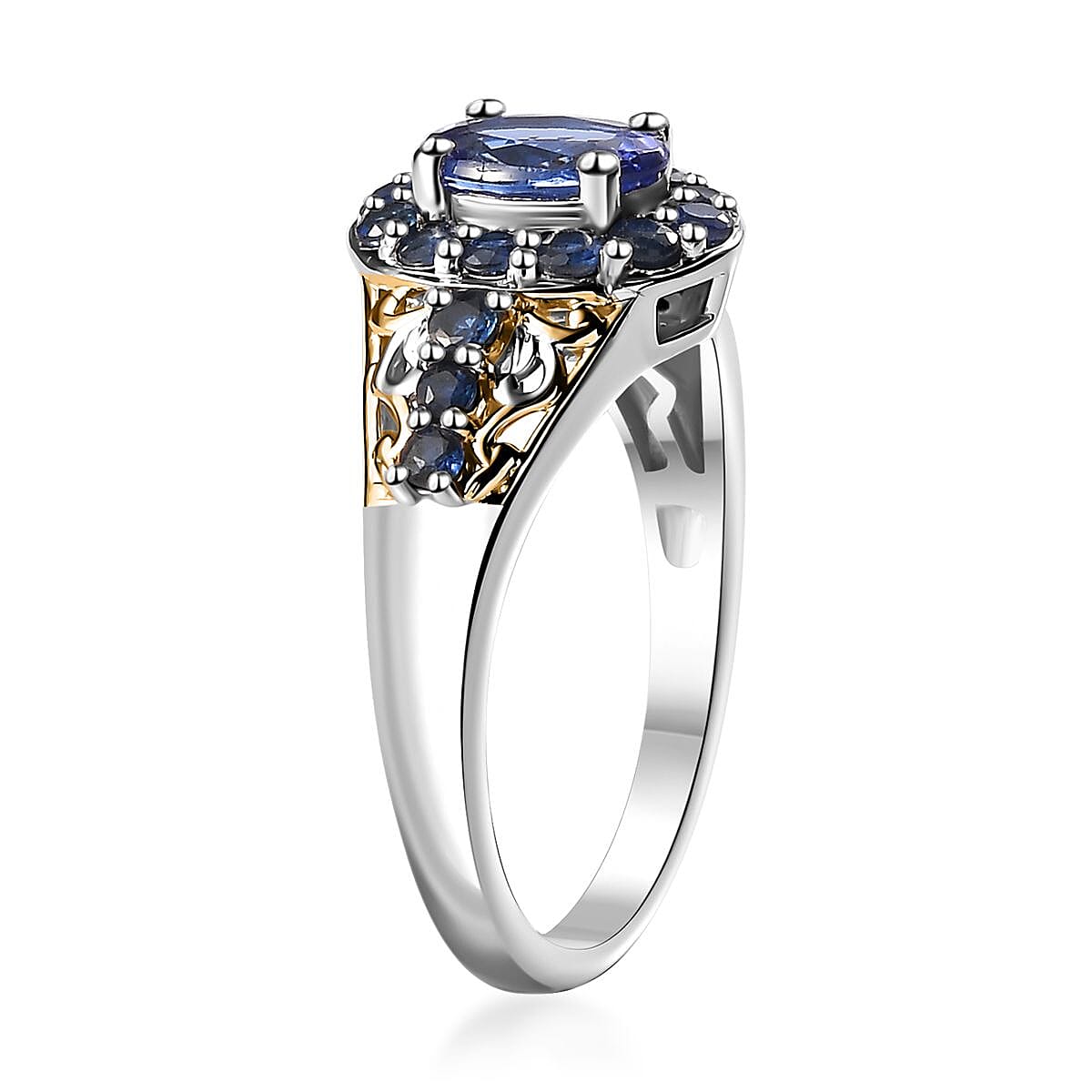 Tanzanite and Kanchanaburi Blue Sapphire Halo Ring in Vermeil YG and Platinum Over Sterling Silver (Size 9.0) 1.40 ctw image number 3