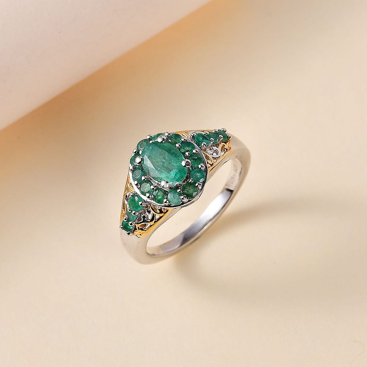 Kagem Zambian Emerald Halo Ring in Vermeil YG and Platinum Over Sterling Silver (Size 7.0) 1.35 ctw image number 1