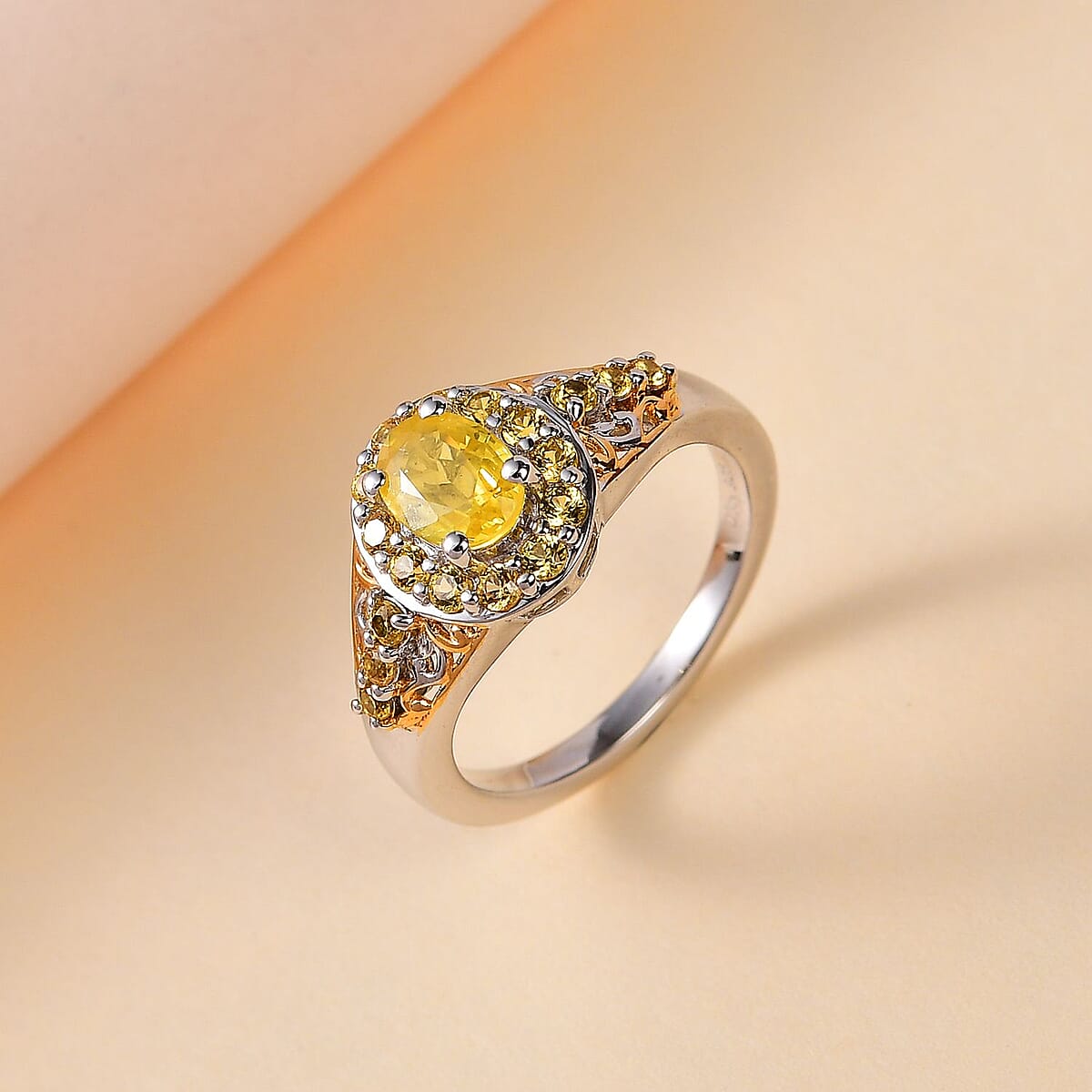 Madagascar Yellow Sapphire Halo Ring in Vermeil YG and Platinum Over Sterling Silver (Size 9.0) 1.70 ctw image number 1
